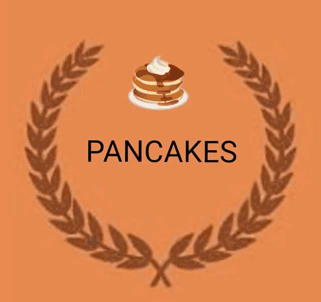 a laurel wreath with a stack of pancakes in the center and the word pancakes below it