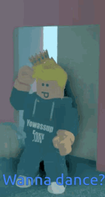 a cartoon character with a yowassup hoodie says wanna dance