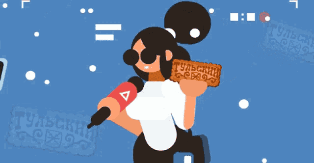 a cartoon illustration of a woman holding a biscuit that says " тульская " on it