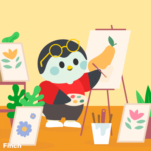 an illustration of a penguin painting a pear on an easel