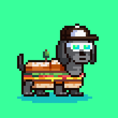 a pixel art of a dog dressed as a hamburger with the words looks rare below it