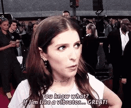 a woman on a red carpet says " you know what ? if i 'm like a vibrator great ! "