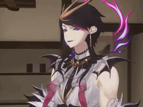 a cartoon character with purple eyes and wings