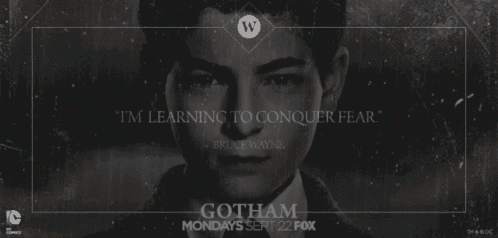 a poster for gotham shows bruce wayne 's quote " i 'm learning to conquer fear "