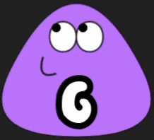 a purple cartoon character with big eyes and a letter g on its mouth
