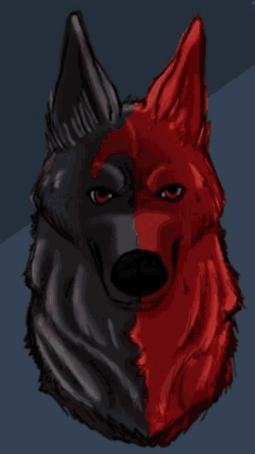 a drawing of a half black and half red dog
