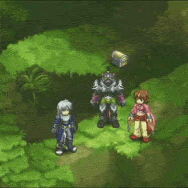 a video game shows a boy and a girl talking in a forest