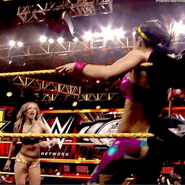two women are wrestling in a ring with a sign that says network in the background