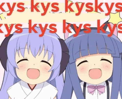 two anime girls are singing in front of a sign that says kys kys kys kys kys kys kys kys
