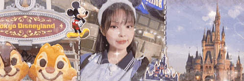 a girl stands in front of a disneyland sign