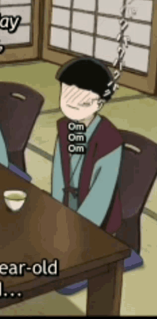 a cartoon character is sitting at a table with a cup of tea