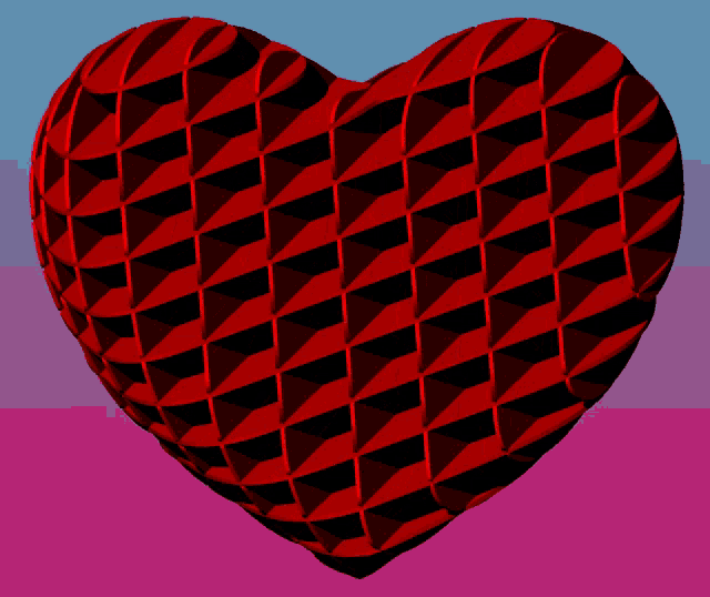 a red heart with black triangles on it on a pink and blue background