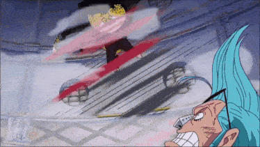 a cartoon character with blue hair and glasses is being attacked by another character with a sword .