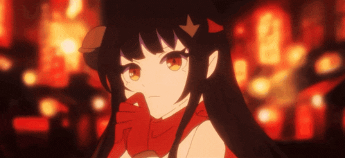 a girl with long black hair and red gloves is looking at something