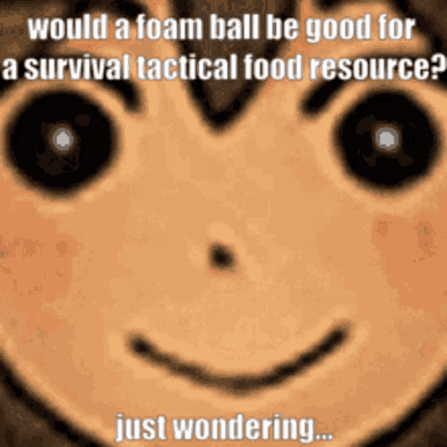 a picture of a face with the words " would a foam ball be good for a survival tactical food resource just wondering "