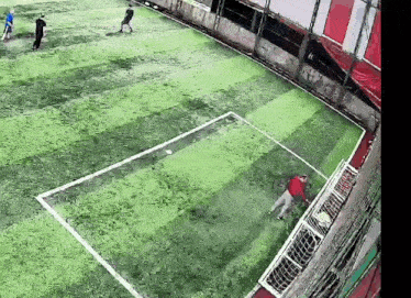 a group of people are playing a game of soccer on a field