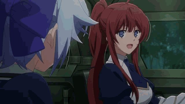 a girl with red hair and blue eyes is talking to another girl