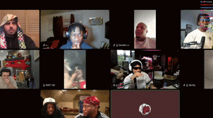 a group of people are having a video call and one of them is wearing a t-shirt that says t-shirt on it