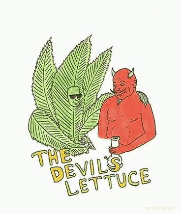 a cartoon of a devil smoking a cigarette next to a leaf of lettuce .