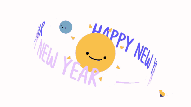 a happy new year greeting with a sun and a blue ball