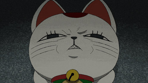 a cartoon cat with a bell around its neck making a funny face