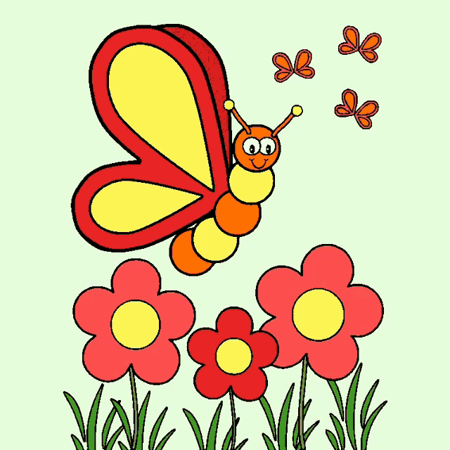 a cartoon butterfly is flying over a field of flowers