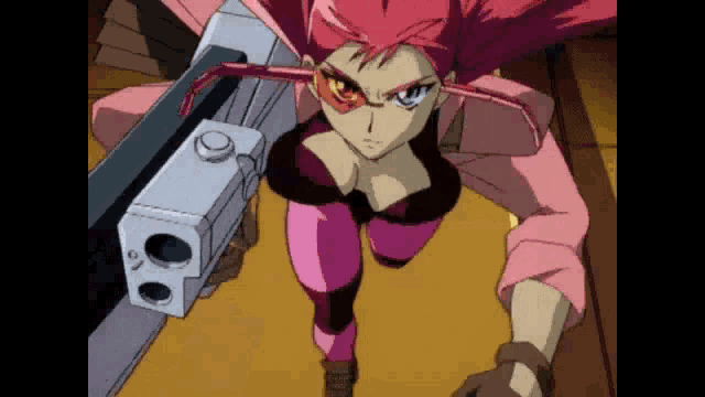 a woman with red hair is holding a gun in her right hand