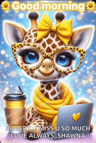 a giraffe wearing glasses and a yellow bow is holding a laptop and a cup of coffee