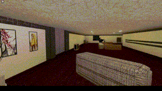 a computer generated image of a living room with a couch and paintings on the wall