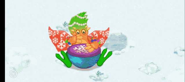 a phone screen shows a cartoon character sitting on a purple object