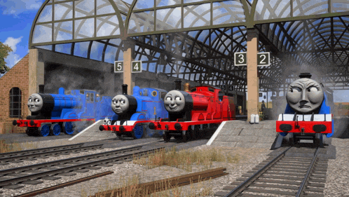 a train station with numbers 5 4 3 and 2 on the pillars