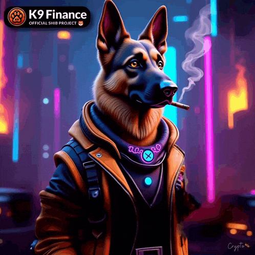 a painting of a german shepherd smoking a cigarette with a k9 finance logo