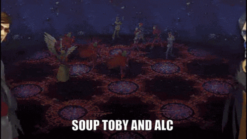 two cartoon characters are standing next to each other with the words soup toby and alc above them