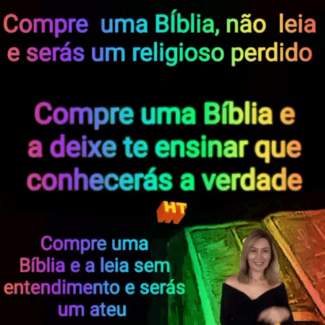 a woman stands in front of a bible that says compre uma biblia on it
