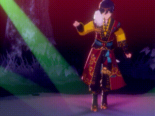 a man in a red and yellow costume is dancing in front of a green light .
