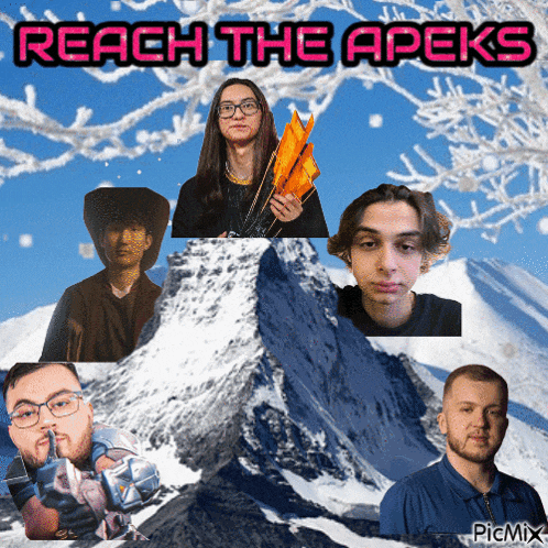a group of people standing in front of a mountain with the words reach the apeks