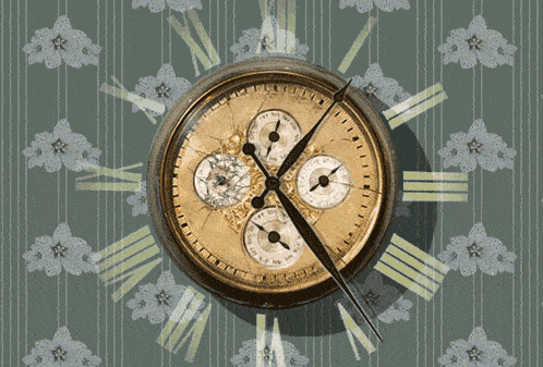a clock with roman numerals on a floral background shows the time as almost 5:00