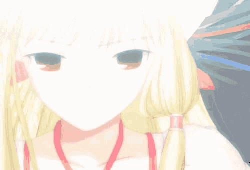 a close up of a girl with blonde hair and a red ribbon around her neck