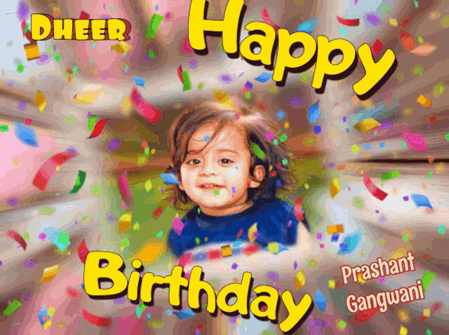 a happy birthday card with a picture of a child and confetti