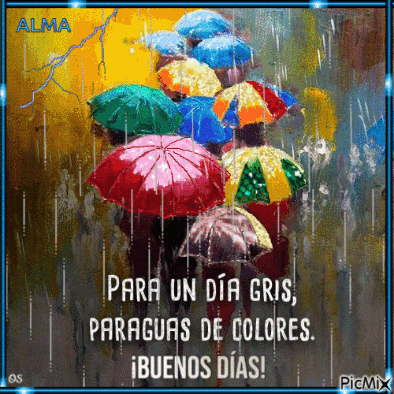 a painting of people carrying umbrellas in the rain with alma written on the bottom