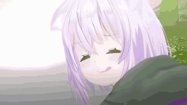 a girl with purple hair and cat ears is smiling