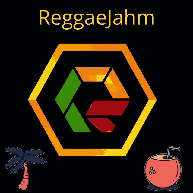 a logo for reggaejahm with a coconut and palm tree