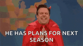 a man dressed as a devil with horns is making a funny face and saying `` he has plans for next season '' .