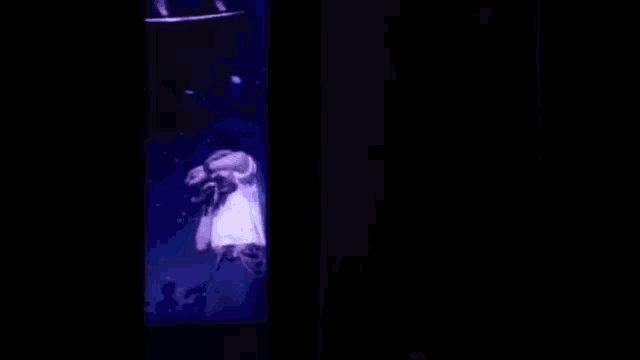 a man is singing into a microphone while another man is playing a guitar on stage .