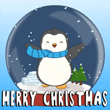 a penguin in a snow globe with the words merry christmas on the bottom