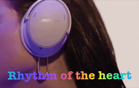 a woman wearing headphones with the words rhythm of the heart on the bottom
