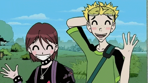 a boy and a girl are standing next to each other in a cartoon