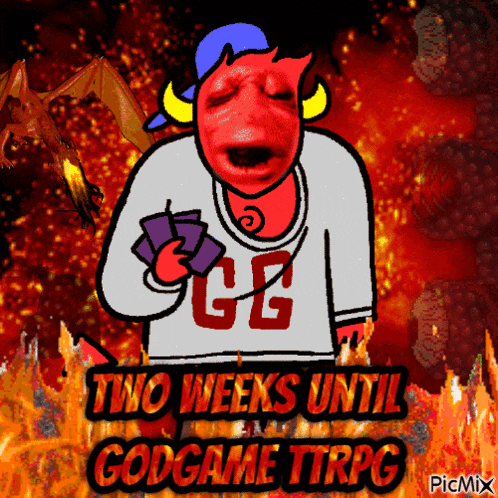 a cartoon of a devil holding a purple card with the words two weeks until godgame ttrpg