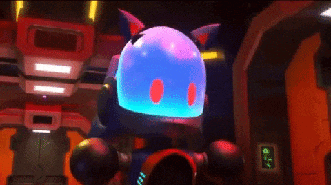 a robot with red eyes and a blue head