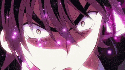 a close up of a person 's face with purple glowing eyes .
